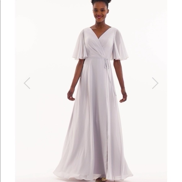 Marchesa Notte Bridesmaids Draped-Sleeve Rear-Cutout Gown Grey - Picture 7 of 16